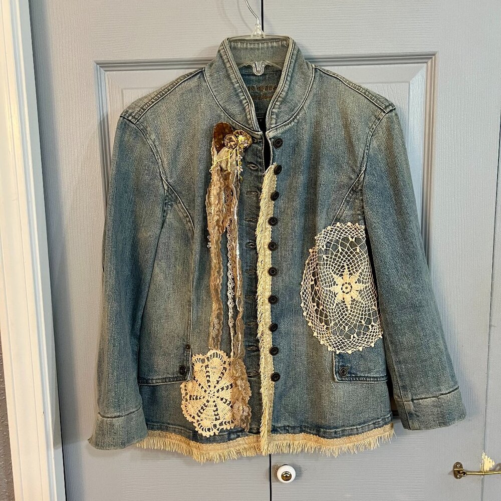 Stretch Denim Distressed Jacket "Embellished" w/Lace, Dollies & Antique Trim. - Picture 1 of 12